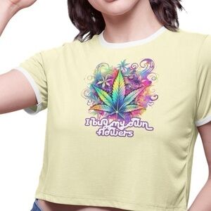 The Blind Medium | Yellow Ringer Crop Top ‘I Buy My Own Flowes’ Purple Graphic
